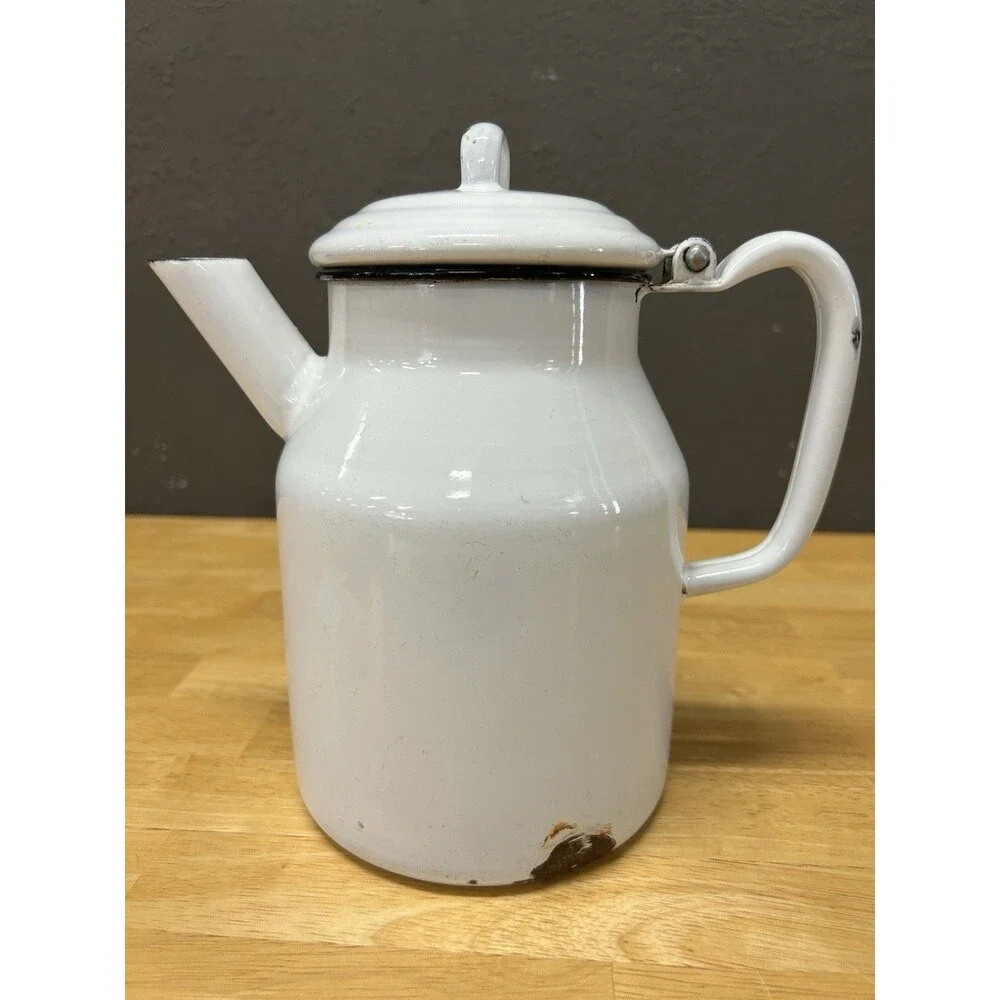 Vintage Enamelware Cowboy Coffee Pot Kettle White Black Camp Farmhouse Rustic